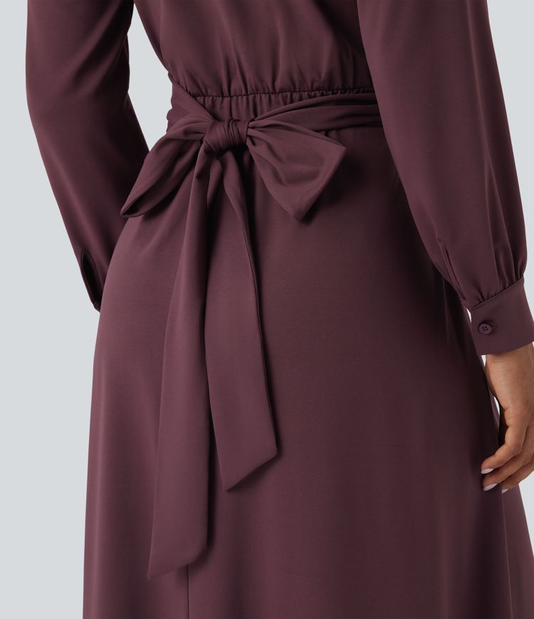 Vestido de oficina midi de manga larga con escote en V y lazo en la espalda con bolsillos