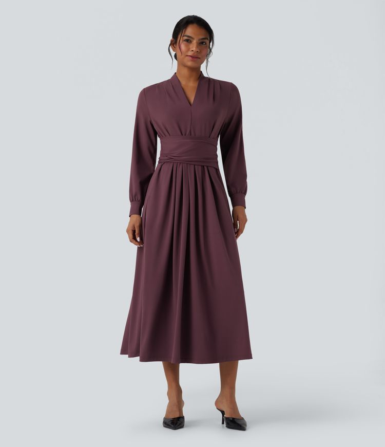V-neck Long Sleeve Tie Back Midi Work Dress with Pockets