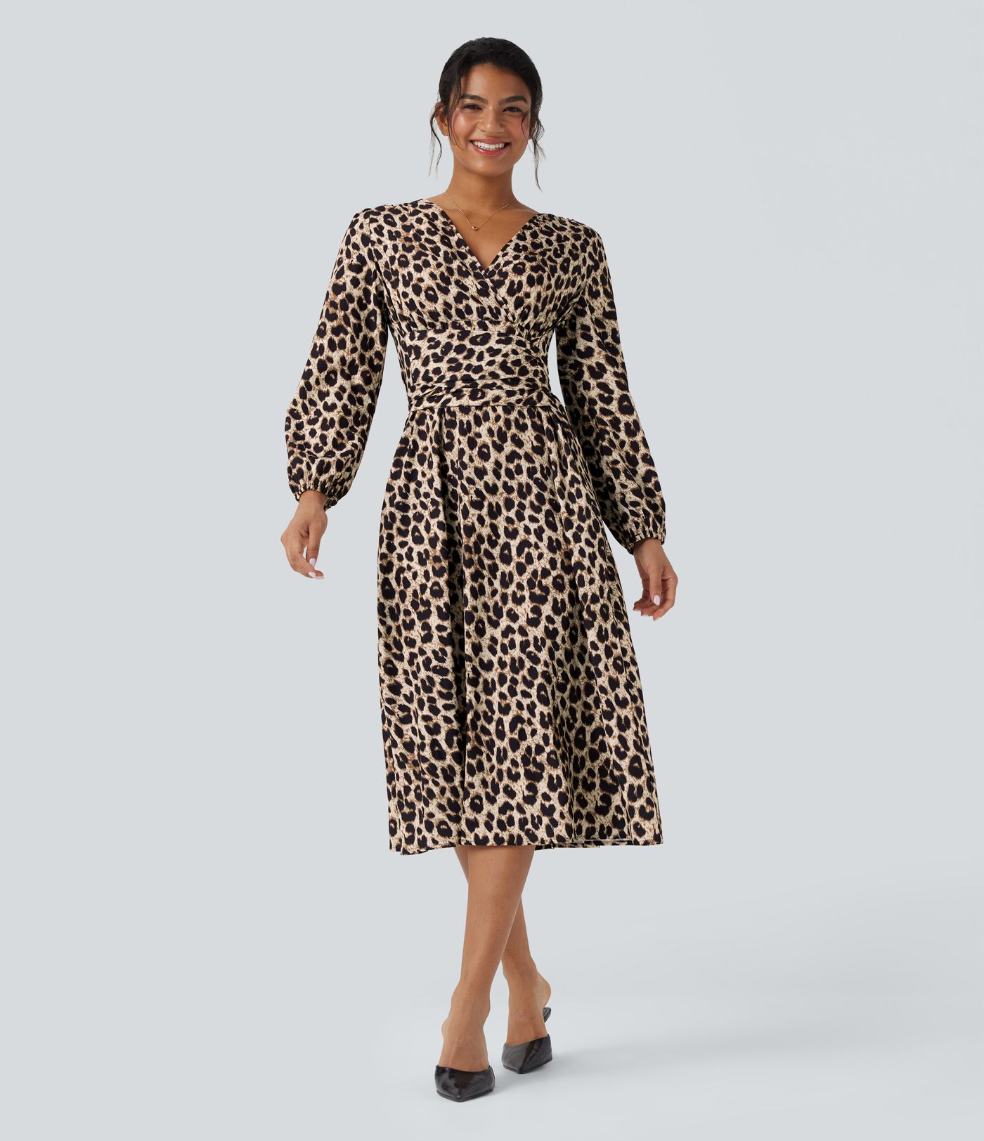 Robe décontractée mi-longue à imprimé léopard, col V, manches longues et lien dos avec poches