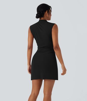 Mock-neck Sleeveless Ruched Crossover Hem Bodycon Mini Dress