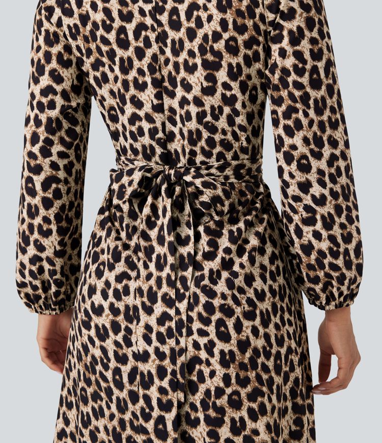 Robe décontractée mi-longue à imprimé léopard, col V, manches longues et lien dos avec poches