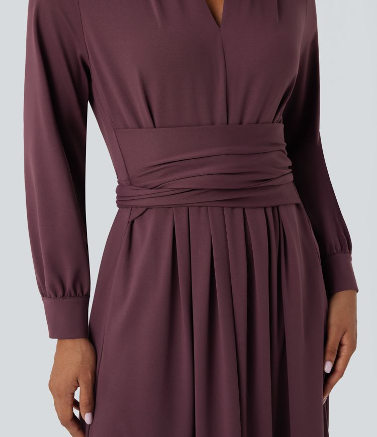 Vestido de oficina midi de manga larga con escote en V y lazo en la espalda con bolsillos