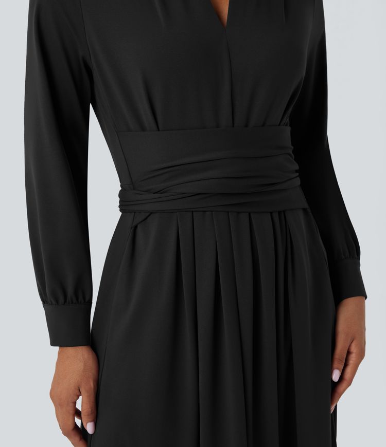 Robe de travail mi-longue col V manches longues liens dos avec poches