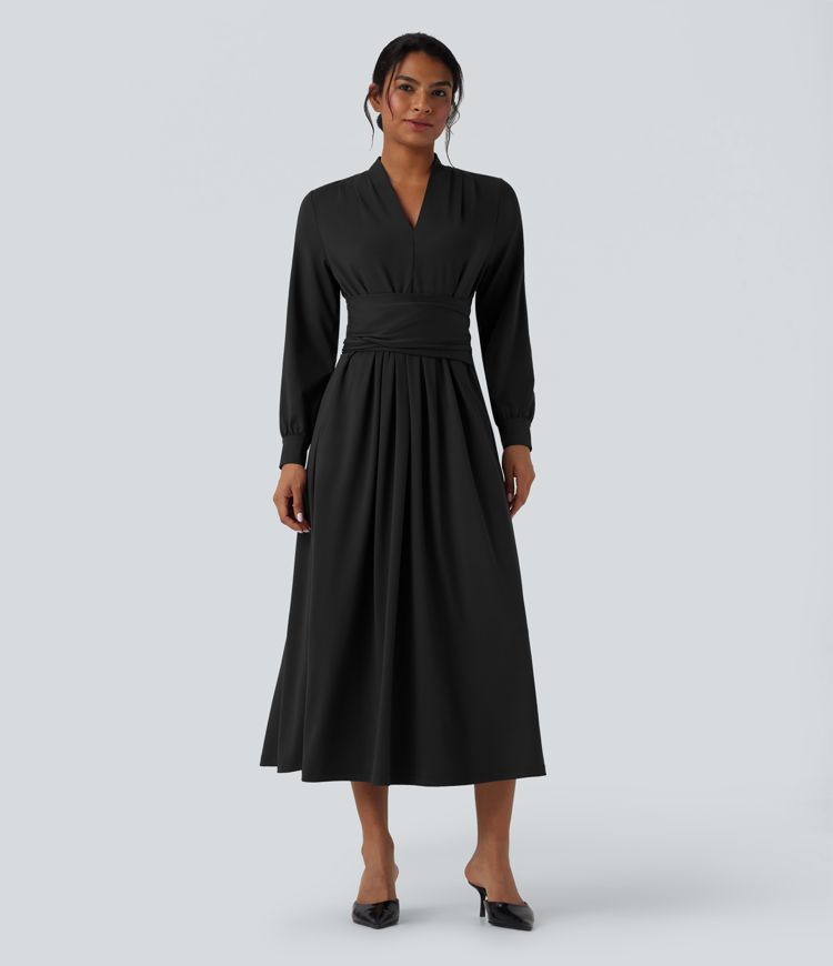Robe de travail mi-longue col V manches longues liens dos avec poches