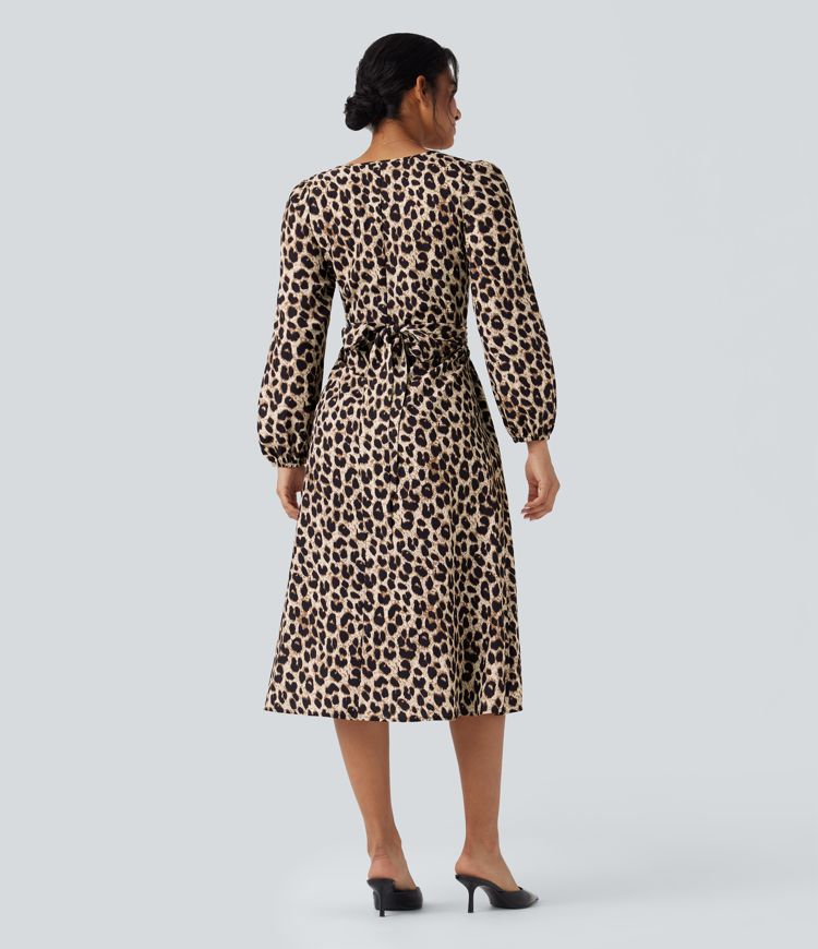 Robe décontractée mi-longue à imprimé léopard, col V, manches longues et lien dos avec poches