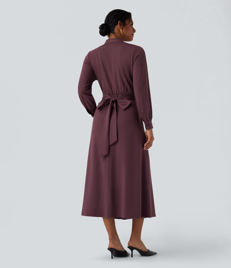 Vestido de oficina midi de manga larga con escote en V y lazo en la espalda con bolsillos