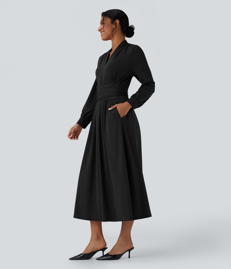 Robe de travail mi-longue col V manches longues liens dos avec poches