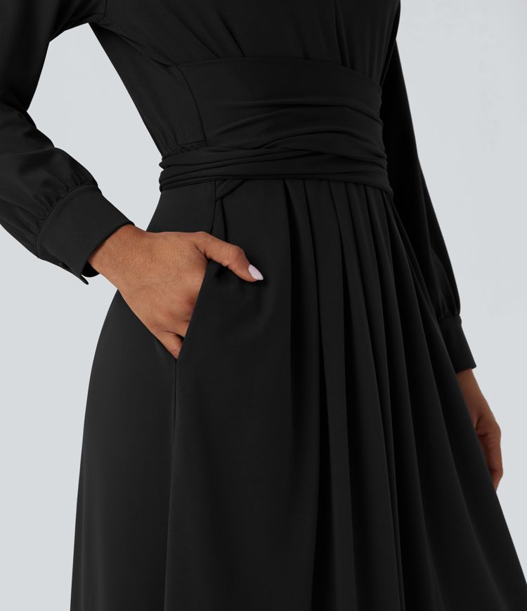 Robe de travail mi-longue col V manches longues liens dos avec poches