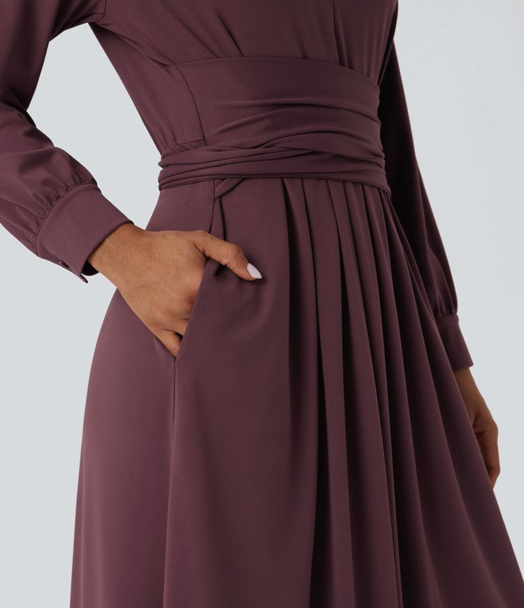 Vestido de oficina midi de manga larga con escote en V y lazo en la espalda con bolsillos