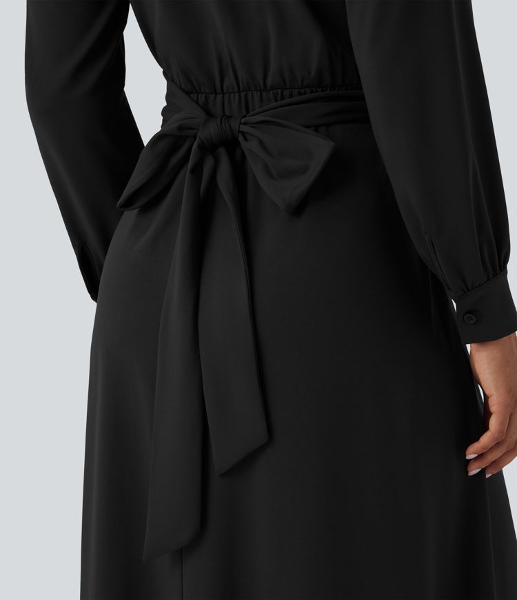 Robe de travail mi-longue col V manches longues liens dos avec poches