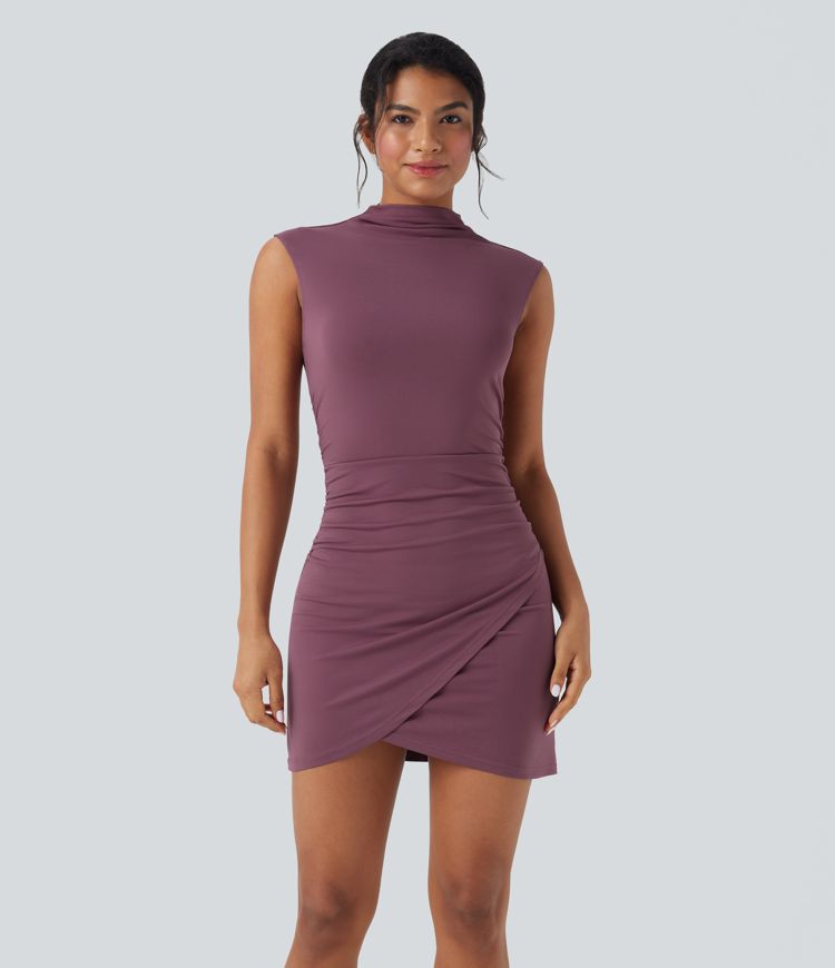 Mock-neck Sleeveless Ruched Crossover Hem Bodycon Mini Dress