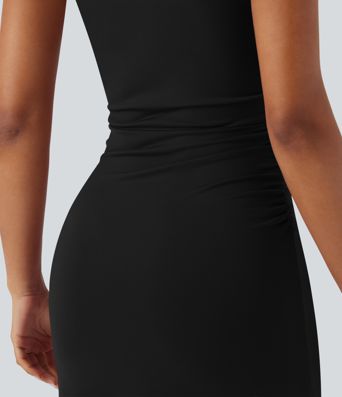 Mock-neck Sleeveless Ruched Crossover Hem Bodycon Mini Dress