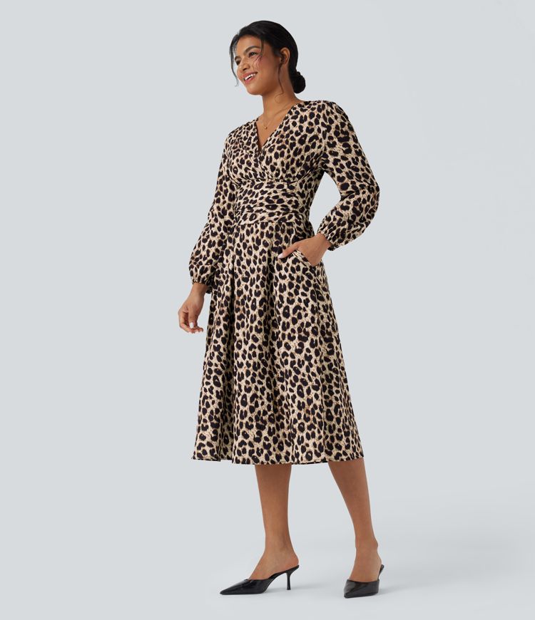Robe décontractée mi-longue à imprimé léopard, col V, manches longues et lien dos avec poches