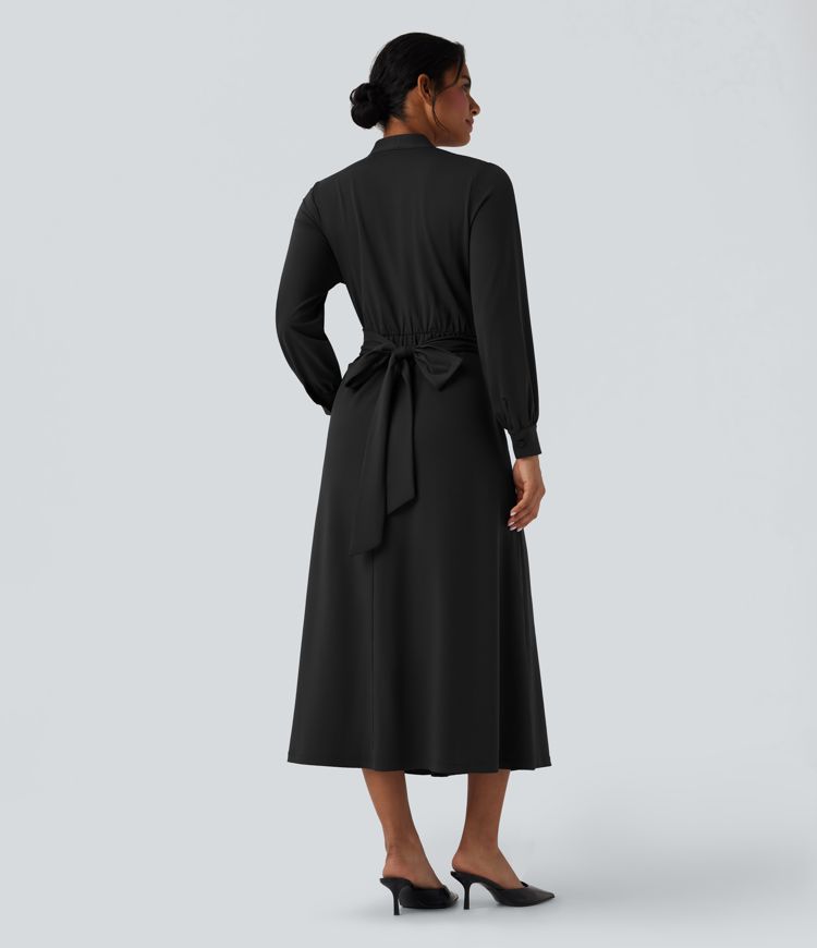 Robe de travail mi-longue col V manches longues liens dos avec poches