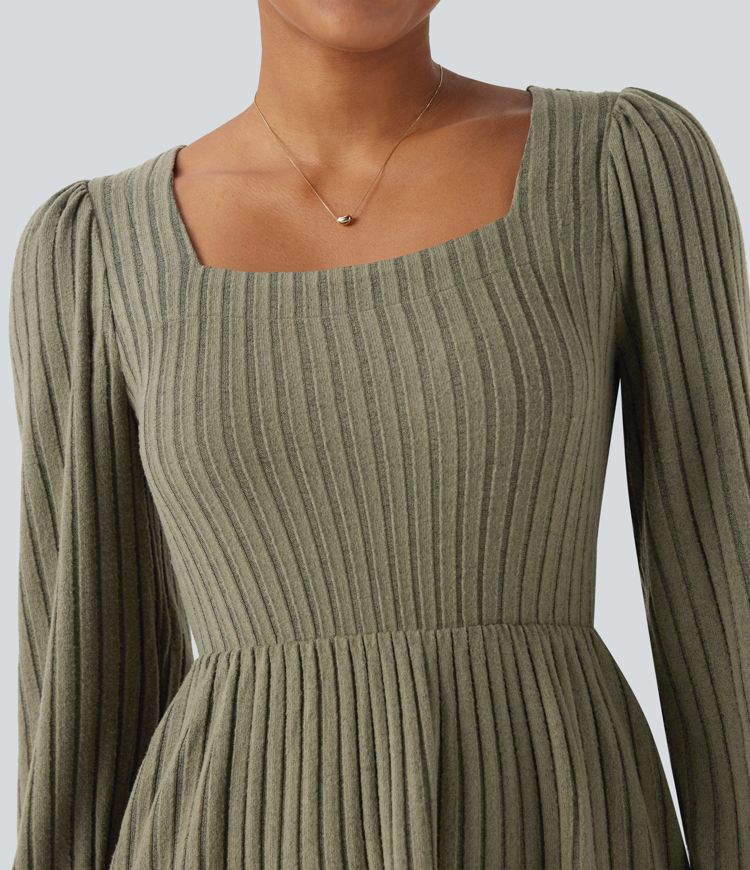 Robe décontractée maille côtelée décolleté carré manches longues bouffantes avec poches