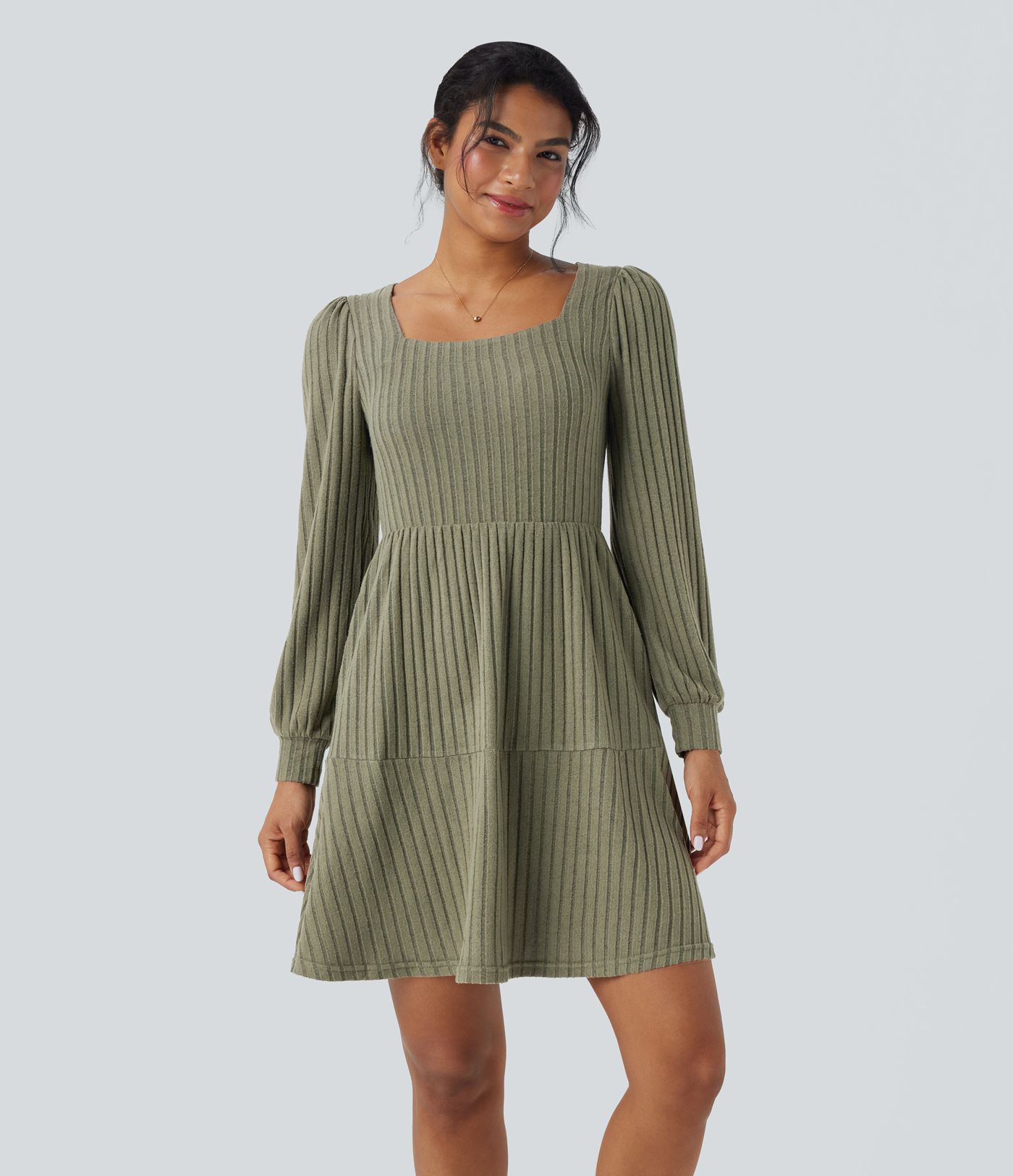 Robe Décontractée à Col Carré Côtelé, Manches Longues Bouffantes avec Poches