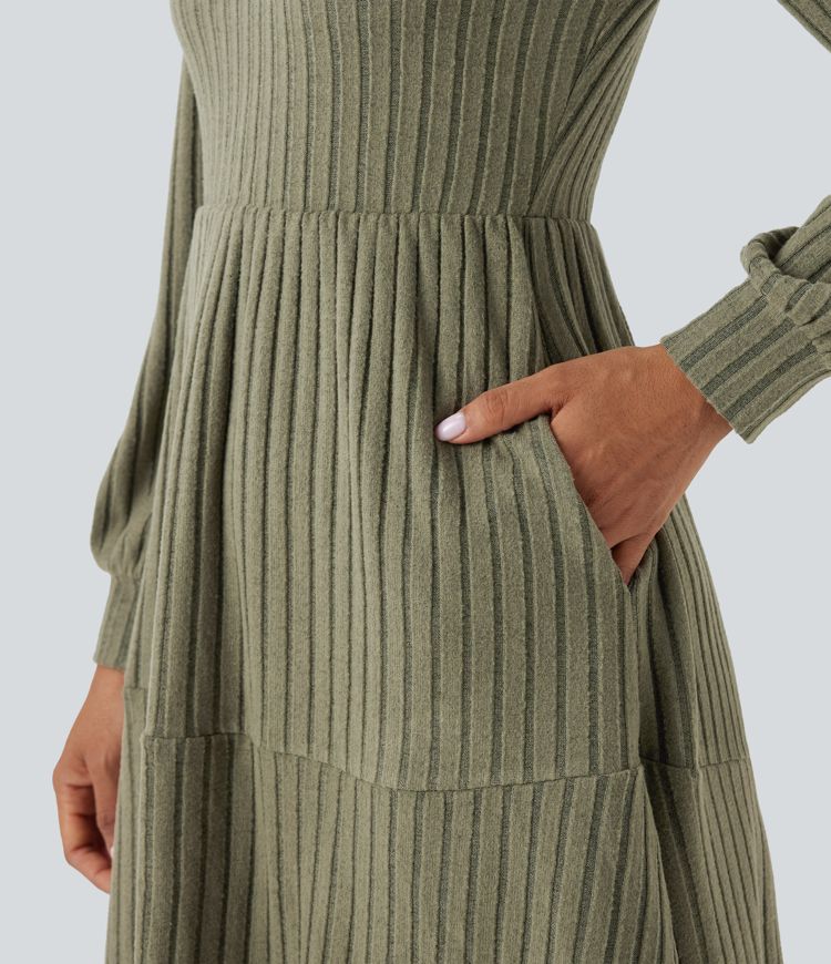 Robe décontractée maille côtelée décolleté carré manches longues bouffantes avec poches