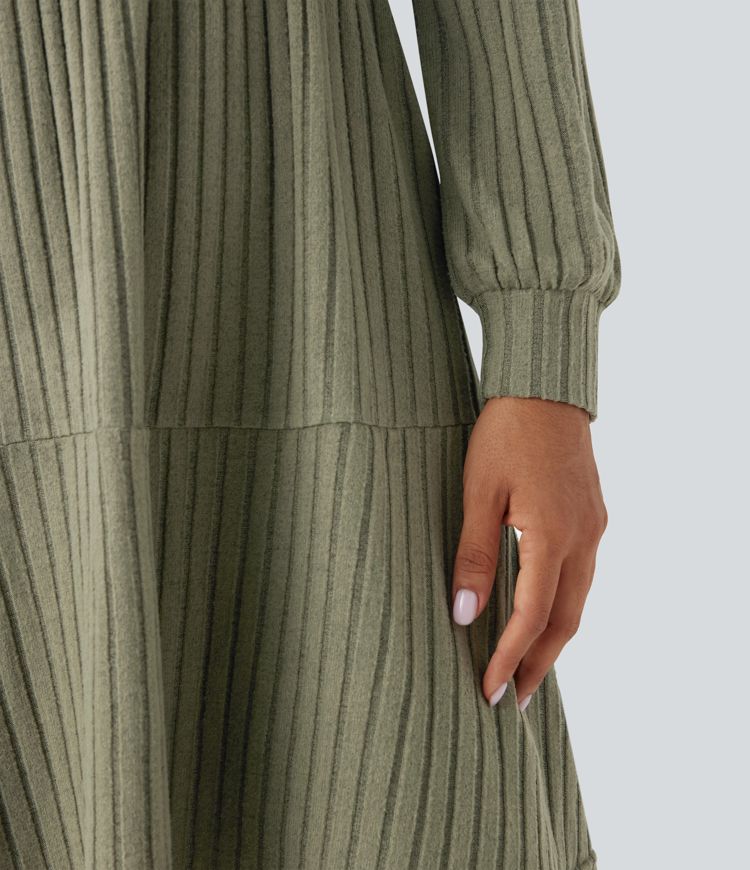 Robe décontractée maille côtelée décolleté carré manches longues bouffantes avec poches