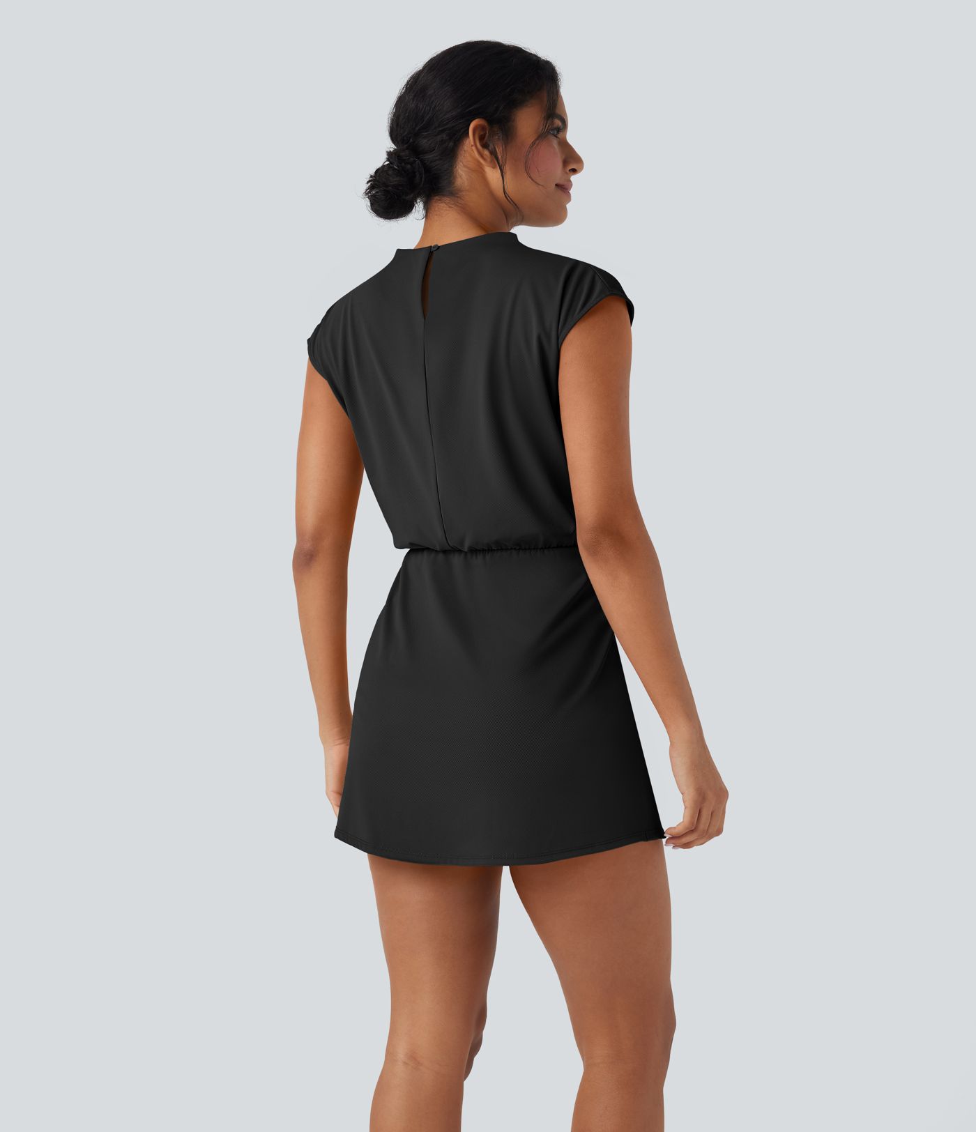 Stand Collar Cap Sleeve Quick Dry 2-Piece Mini Work Dress with Pocket-UPF40+