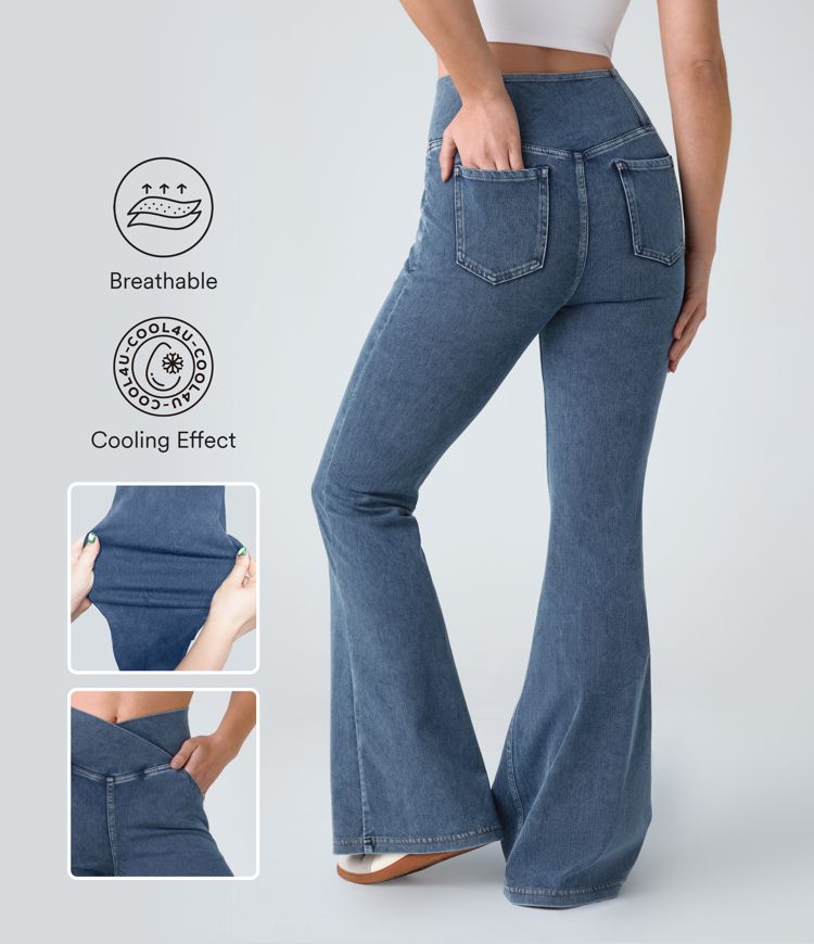 Halara Flex™ Jean Évasé Super Casual Tricot Extensible Lavé Toucher Frais Taille Haute Poches Croisées