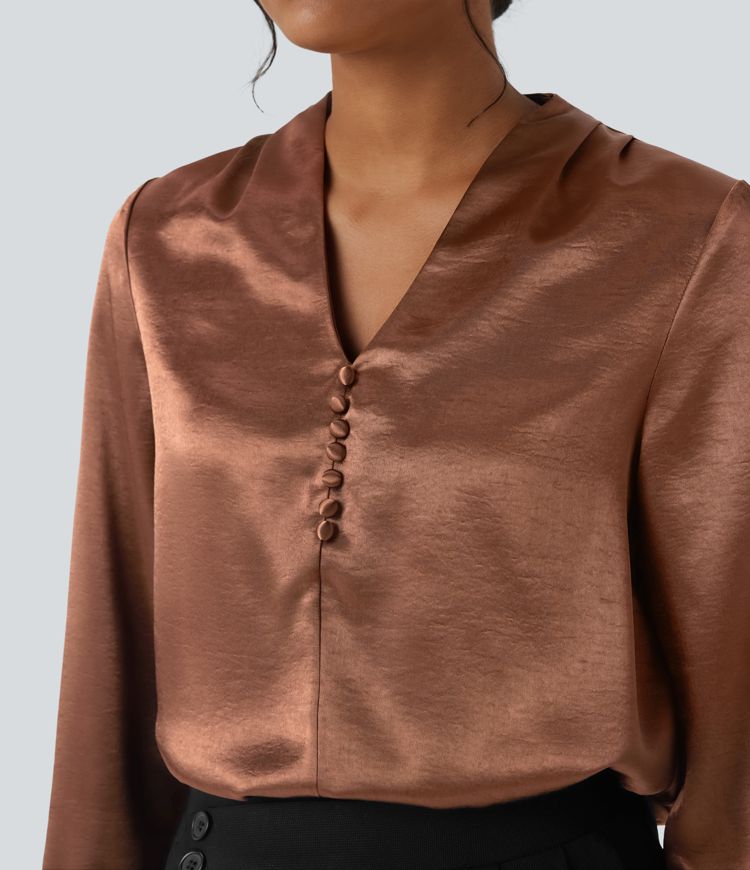 Blusa de oficina de satén de manga larga con cuello en V
