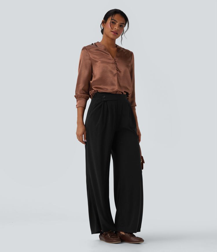 V-neck Long Sleeve Satin Work Top
