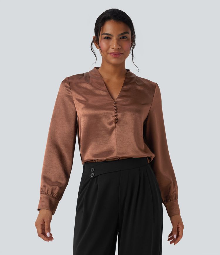 V-neck Long Sleeve Satin Work Top