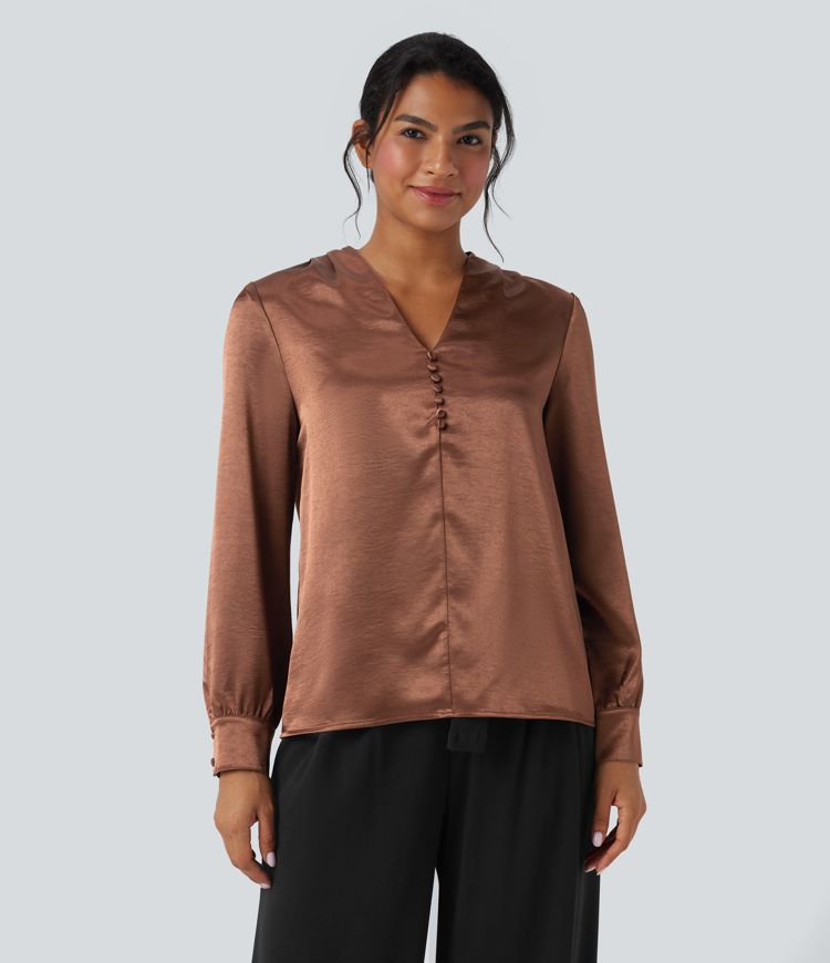 Blusa de oficina de satén de manga larga con cuello en V