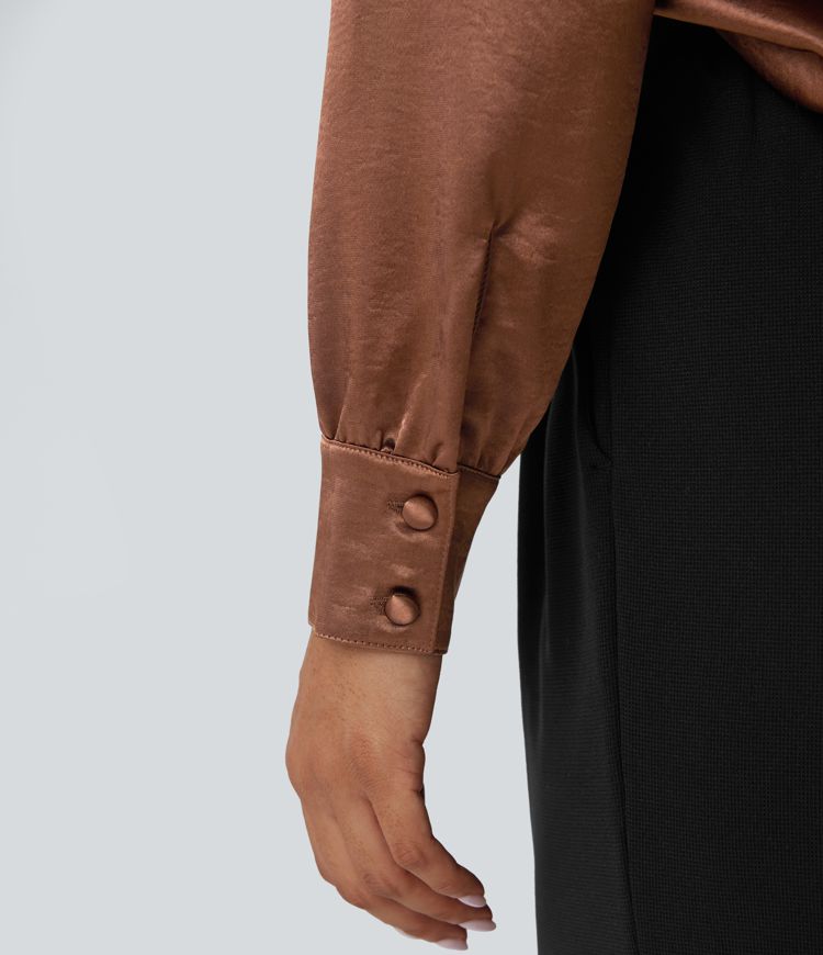 Blusa de oficina de satén de manga larga con cuello en V