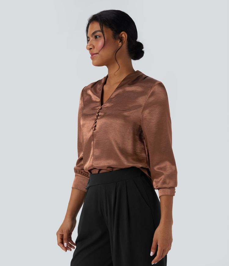 Blusa de oficina de satén de manga larga con cuello en V