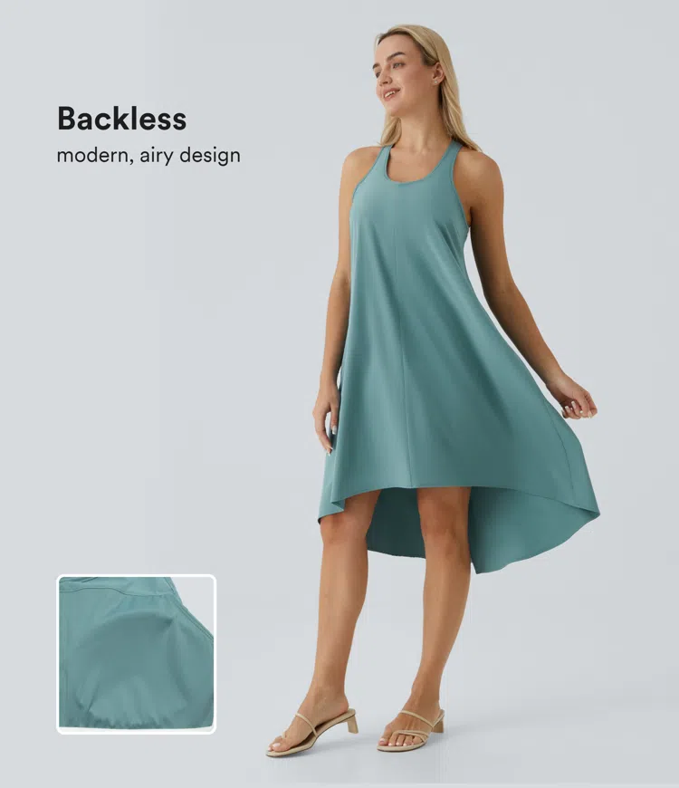 Breezeful™ Rückenfreies, fließendes Midi-Freizeitkleid mit Racerback, Seitentaschen und High-Low-Design - schnelltrocknend