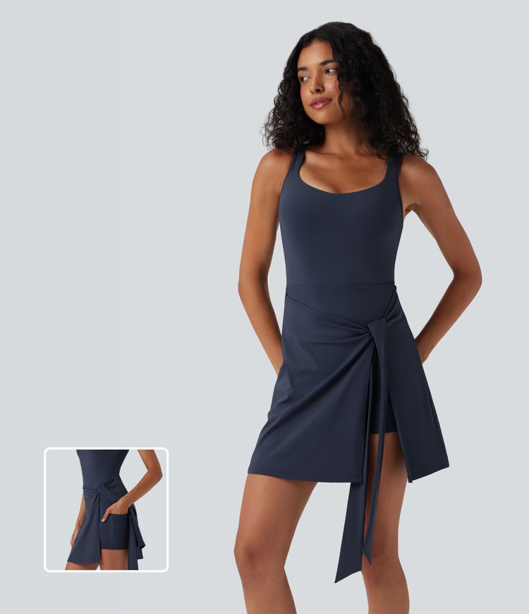 SoftlyZero™ Airy Sleeveless Tie Front 2-in-1 Cool Touch Mini Workout Dress with Pockets