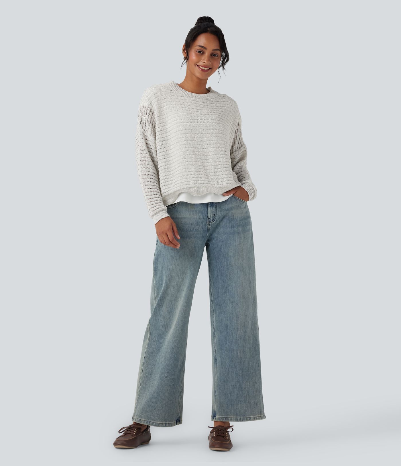 Round Neck Dropped Shoulder Relaxed Casual Sweater