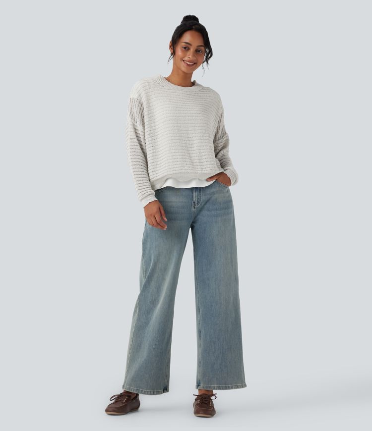 Round Neck Dropped Shoulder Relaxed Casual Sweater