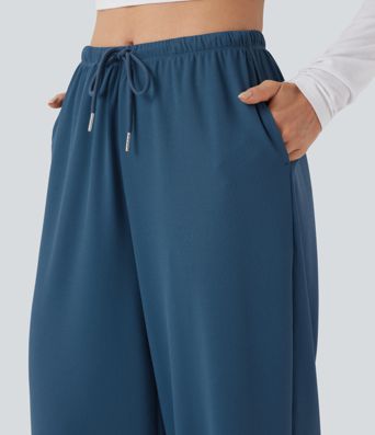 Pantalon de yoga en maille gauffrée à jambes droites avec cordon de serrage à mi-hauteur et poches