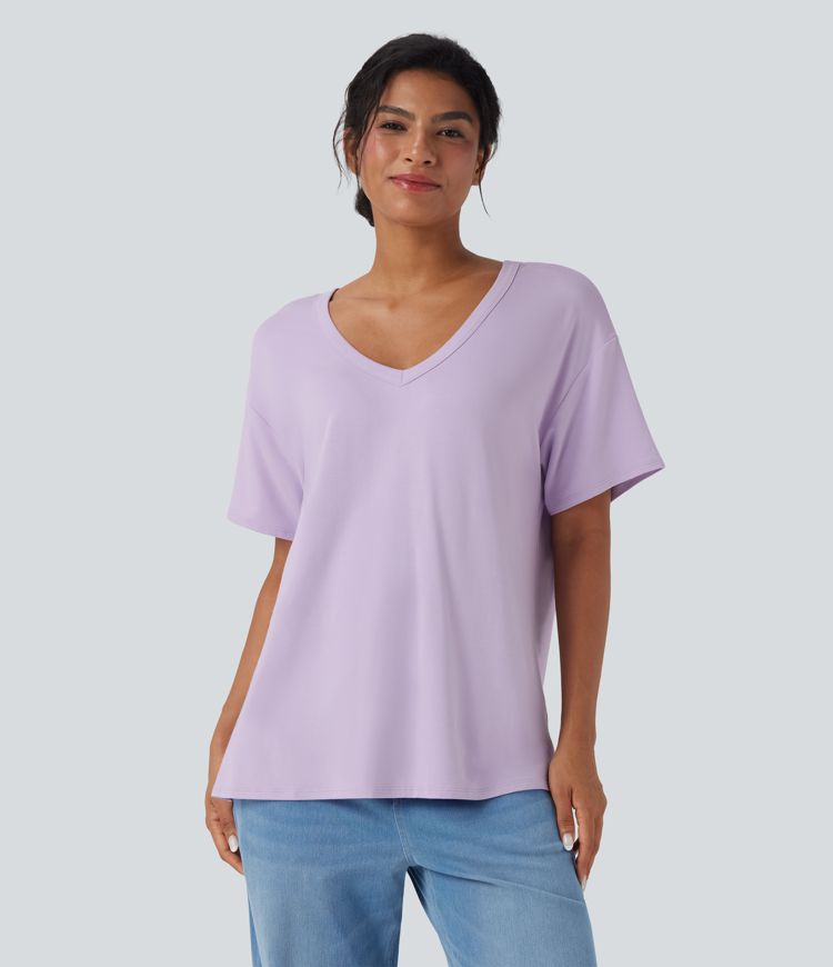 Deep V-neck Short Sleeve Relaxed Casual Top