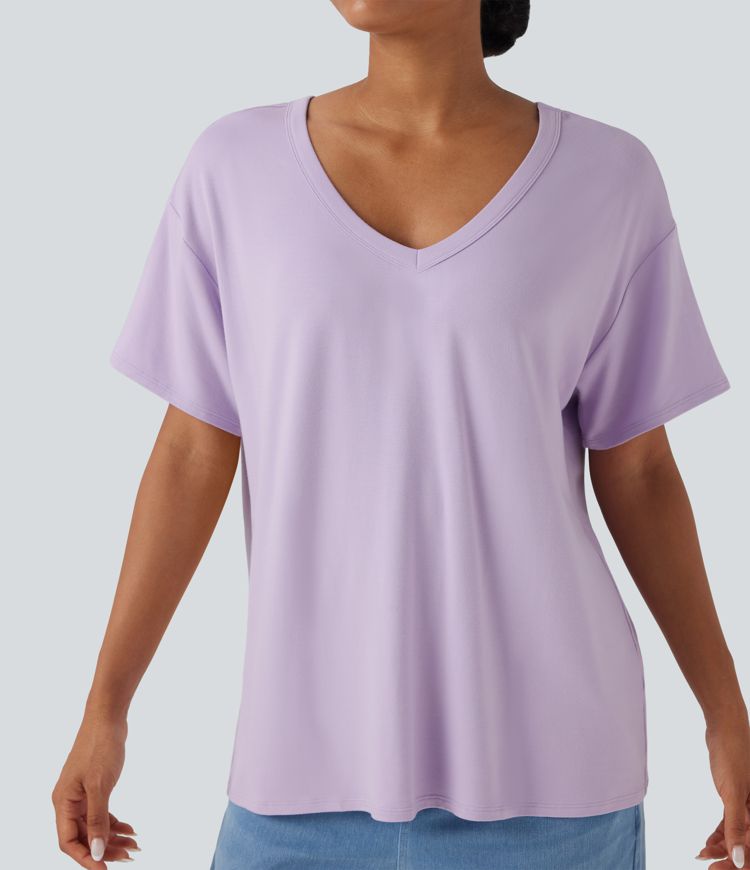 Deep V-neck Short Sleeve Relaxed Casual Top