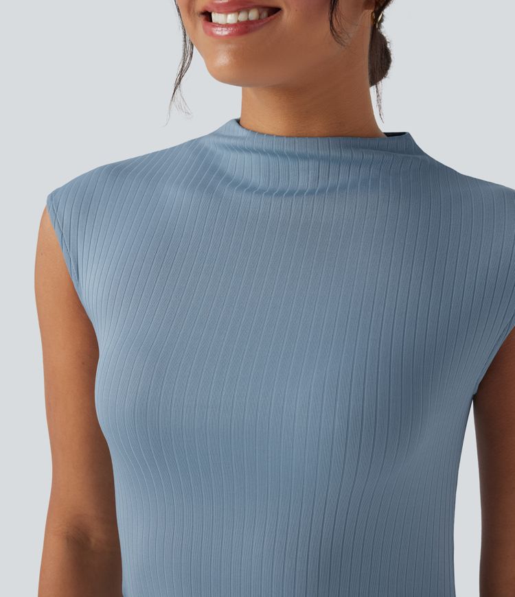 Robe courte décontractée maille côtelée manches courtes avec cordon de serrage moulante