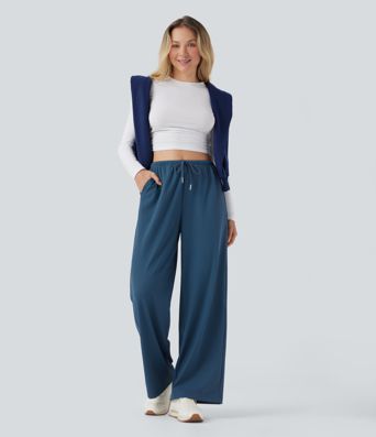 Pantalon de yoga en maille gauffrée à jambes droites avec cordon de serrage à mi-hauteur et poches