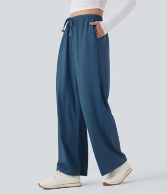 Pantalon de yoga en maille gauffrée à jambes droites avec cordon de serrage à mi-hauteur et poches