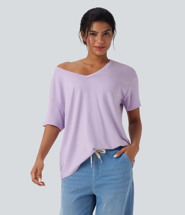 Deep V-neck Short Sleeve Relaxed Casual Top