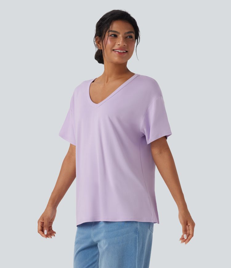 Deep V-neck Short Sleeve Relaxed Casual Top