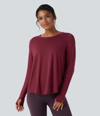 Long Sleeve Thumb Holes Curved Hem Yoga Sports Top