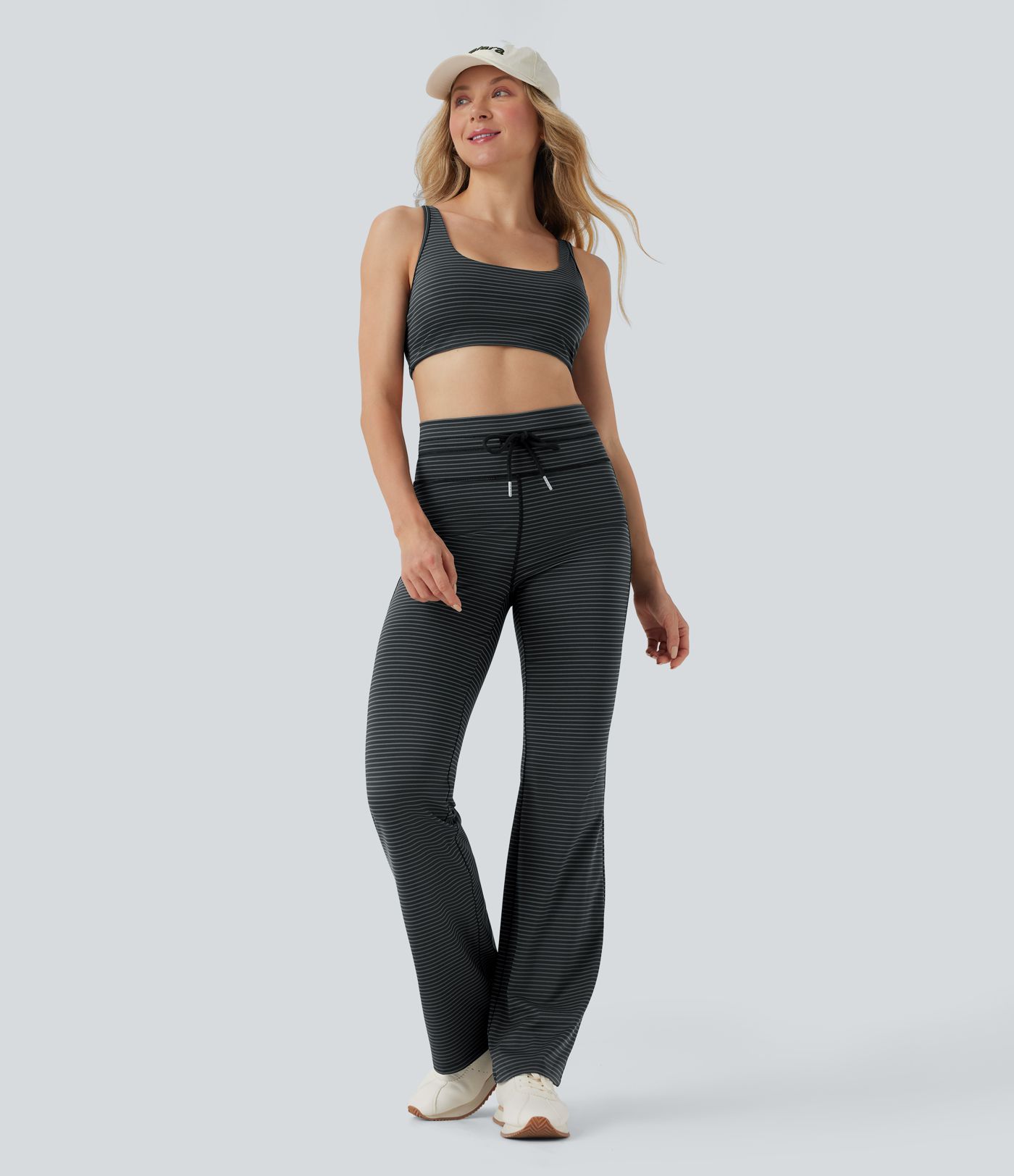 Pantalon de yoga évasé à rayures, taille haute, cordon et poches