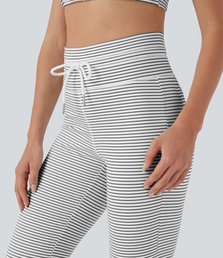 High Waisted Drawstring Stripe Flare Yoga Pants with Pockets