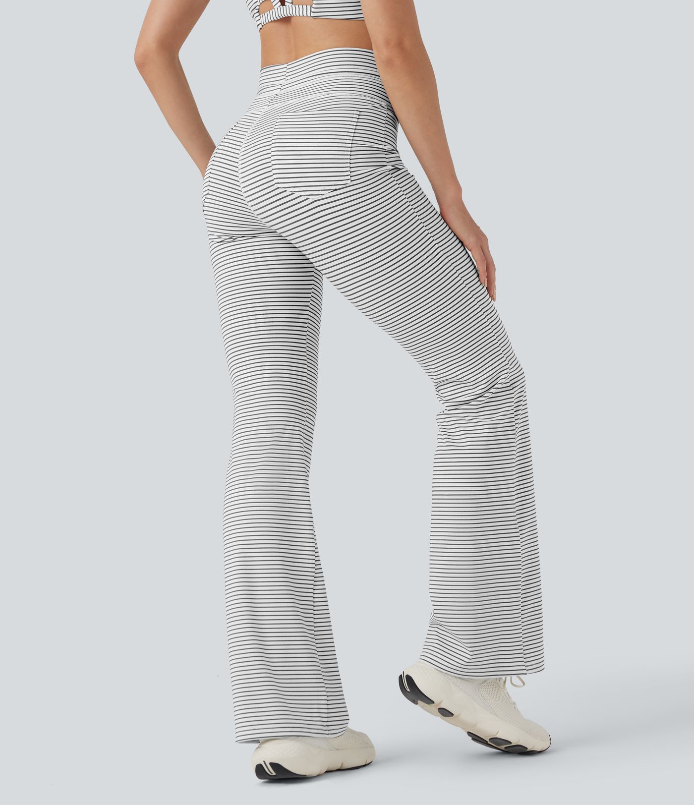 High Waisted Drawstring Stripe Flare Yoga Pants with Pockets