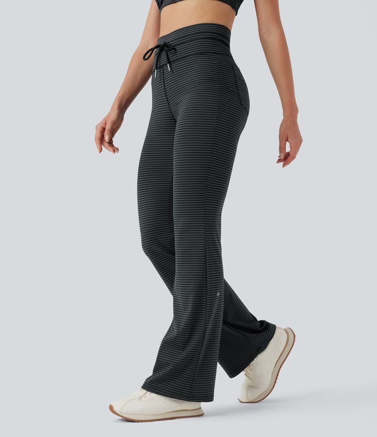 High Waisted Drawstring Stripe Flare Yoga Pants with Pockets