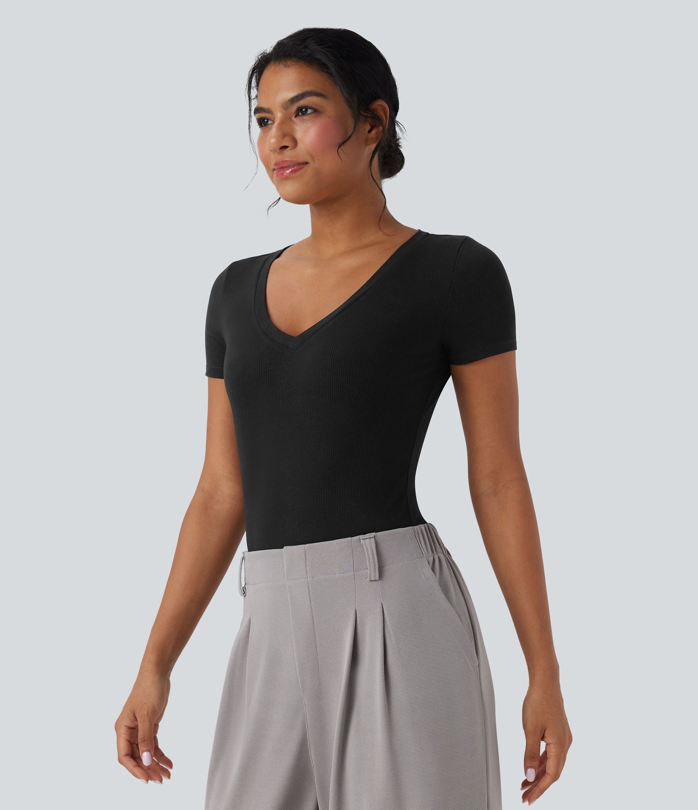 Ribbed Knit V-neck Short Sleeve Work Bodysuit