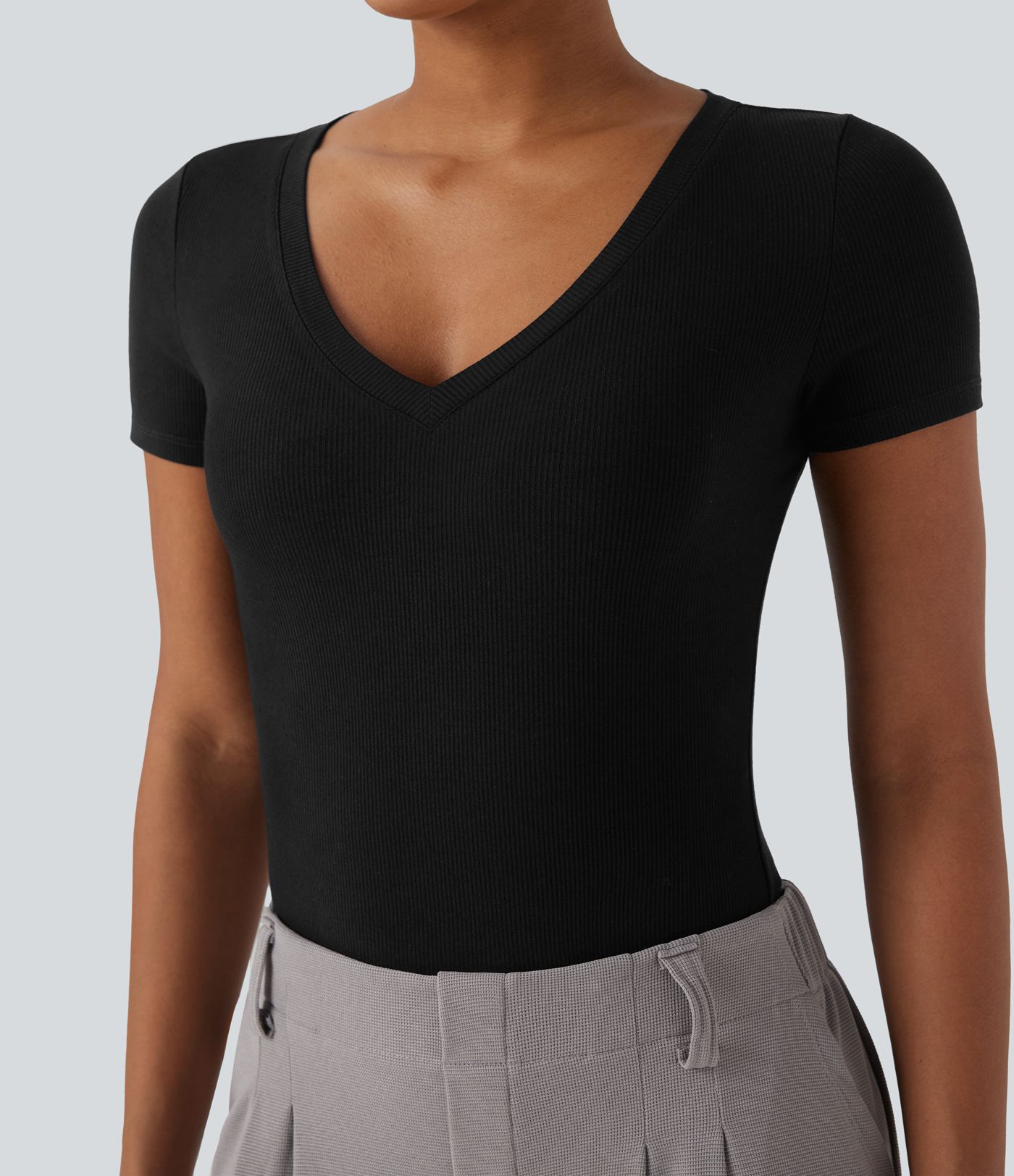 Ribbed Knit V-neck Short Sleeve Work Bodysuit