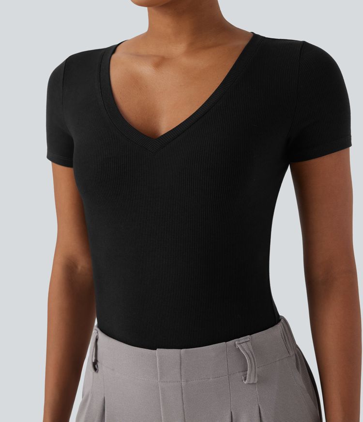 Body de travail maille côtelée col V manches courtes